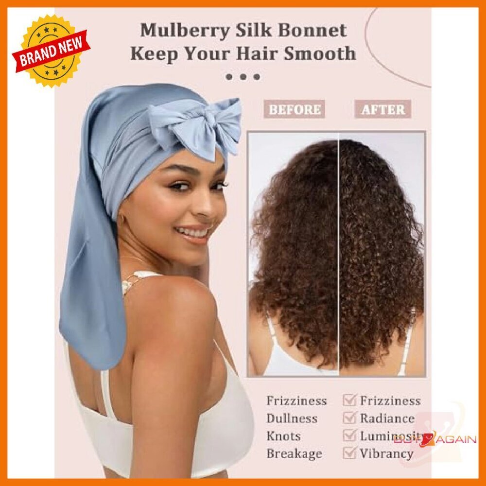 100% Mulberry Silk Sleep Bonnet for Long Hair, Adjustable Straps - Picture 3 of 7